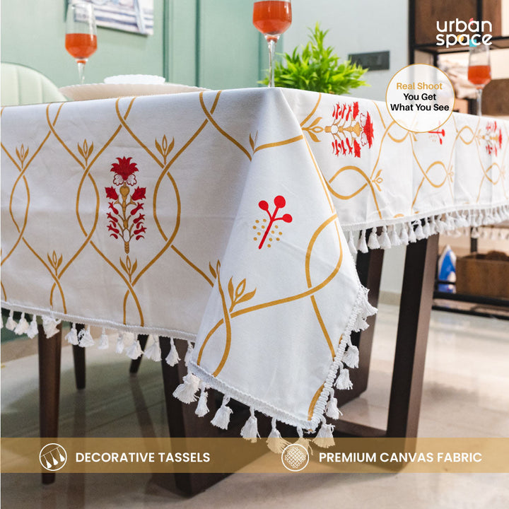 100% Cotton Dining Table Cover, Printed Cotton Table Cloth with Boho Tassels - Floral Ripples Red