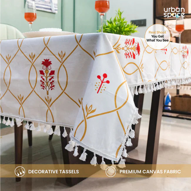 Cotton Curtains + Cotton Table Cover - (Combo 7 - Floral Ripples Red & Brown + Floral Ripples Red & Brown)