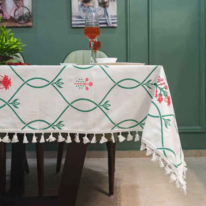 100% Cotton Dining Table Cover, Printed Cotton Table Cloth with Boho Tassels - Floral Ripples Pink