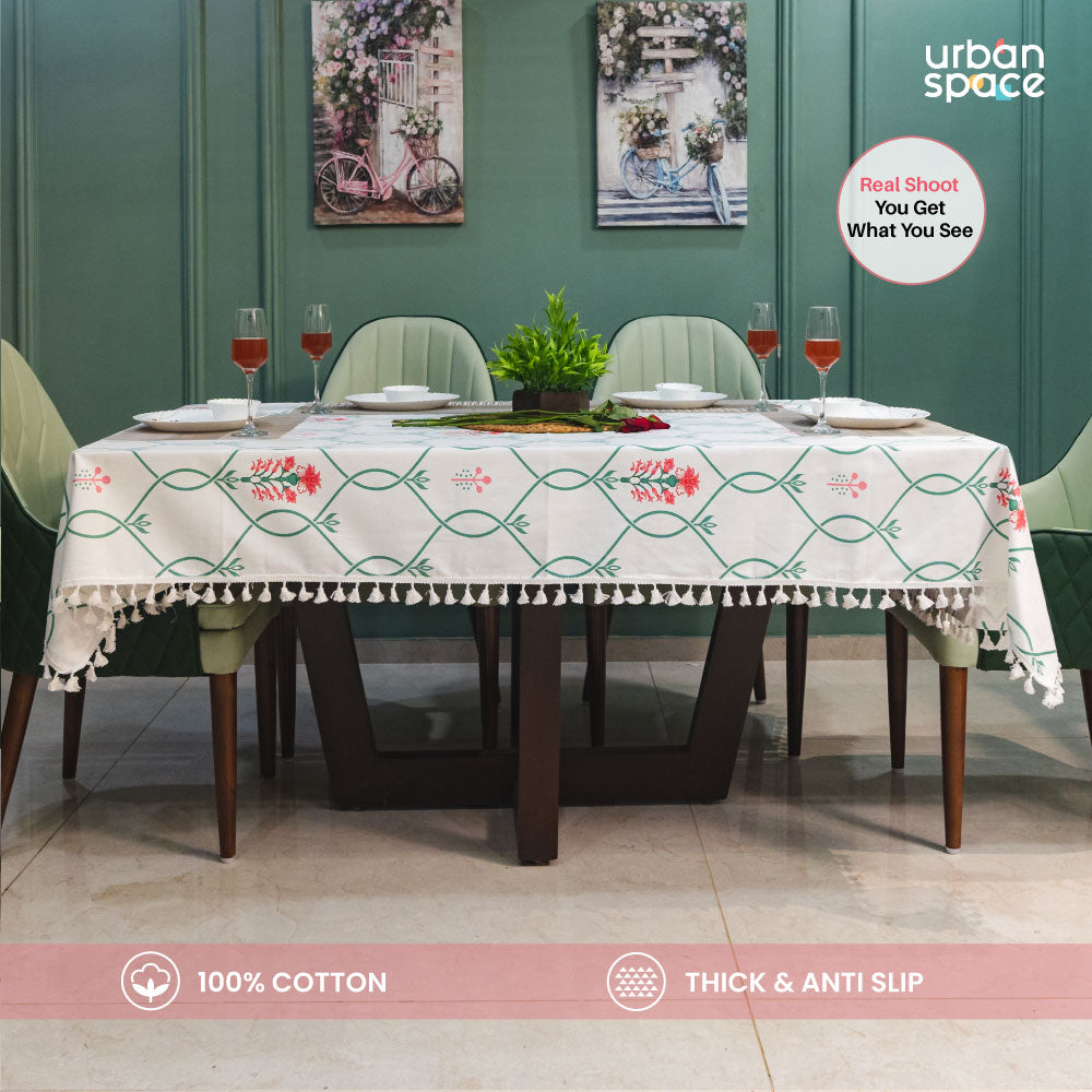 100% Cotton Dining Table Cover, Printed Cotton Table Cloth with Boho Tassels - Floral Ripples Pink