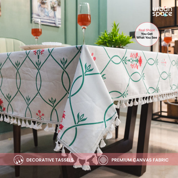 100% Cotton Dining Table Cover, Printed Cotton Table Cloth with Boho Tassels - Floral Ripples Pink