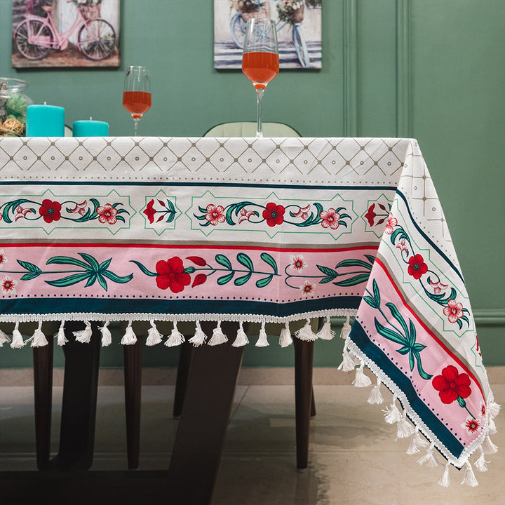 100% Cotton Dining Table Cover, Printed Cotton Table Cloth with Boho Tassels - Hibiscus Bloom Border Pink