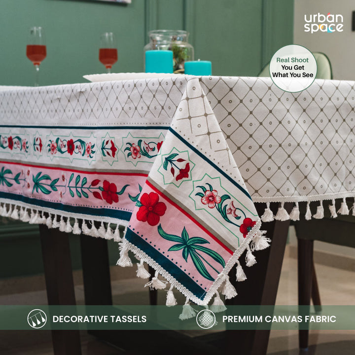 100% Cotton Dining Table Cover, Printed Cotton Table Cloth with Boho Tassels - Hibiscus Bloom Border Pink