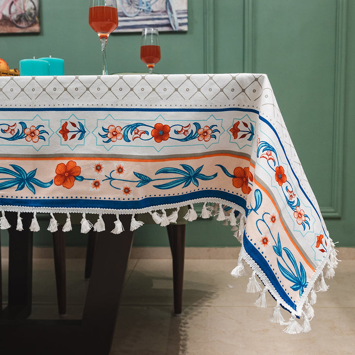 100% Cotton Dining Table Cover, Printed Cotton Table Cloth with Boho Tassels - Hibiscus Bloom Border Peach