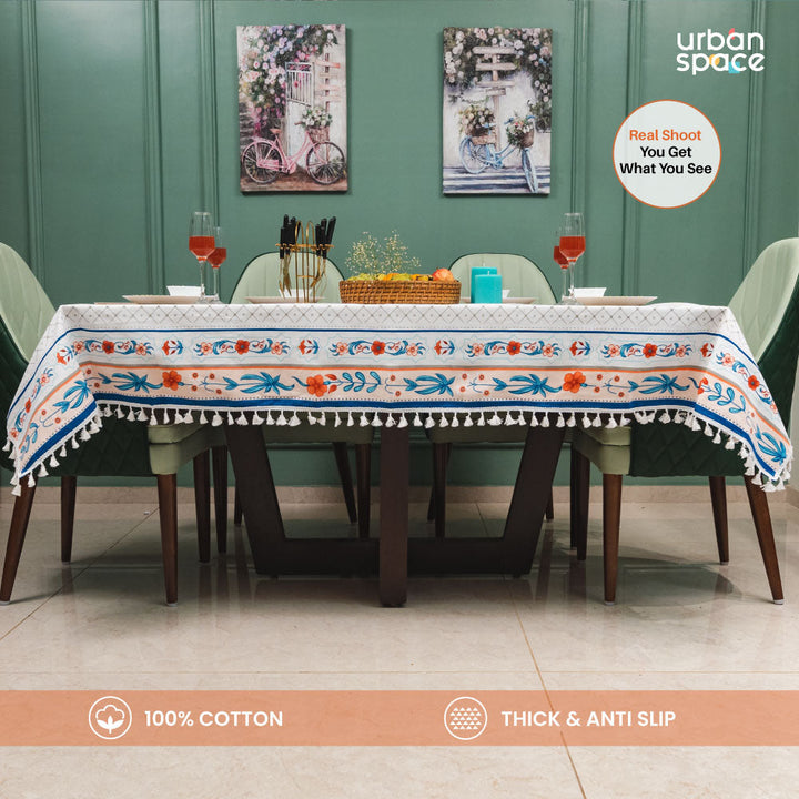 100% Cotton Dining Table Cover, Printed Cotton Table Cloth with Boho Tassels - Hibiscus Bloom Border Peach