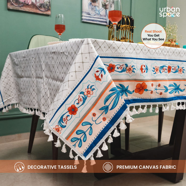 100% Cotton Dining Table Cover, Printed Cotton Table Cloth with Boho Tassels - Hibiscus Bloom Border Peach