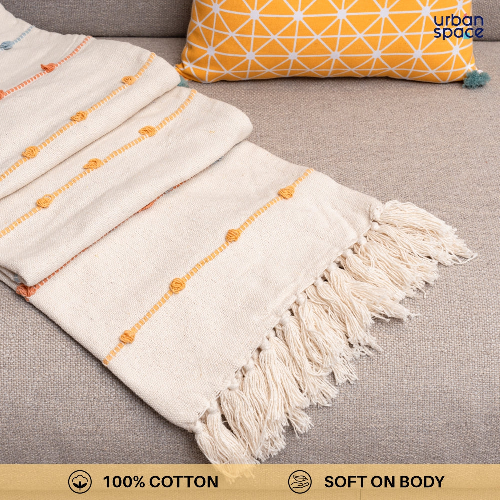 Cotton Stripped Throw | Lightweight Blanket For Living Room Sofa & Chair | Soft & Light Throw For Bed | Use For Picnic & Gifting - Natural & Beige