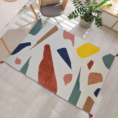 Boho Natural Cotton Area Rug/Dhurrie/Floor Carpet, Printed Rugs for Living Room with Tassels - (TUFRUGS_008)
