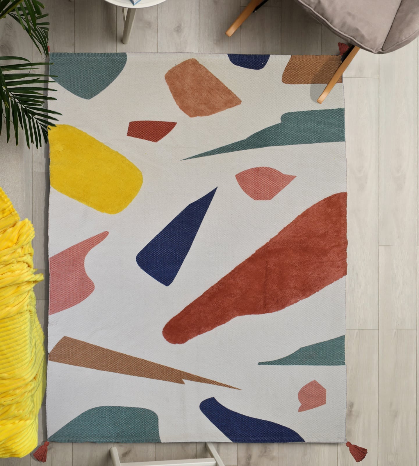 Boho Natural Cotton Area Rug/Dhurrie/Floor Carpet, Printed Rugs for Living Room with Tassels - (TUFRUGS_008)