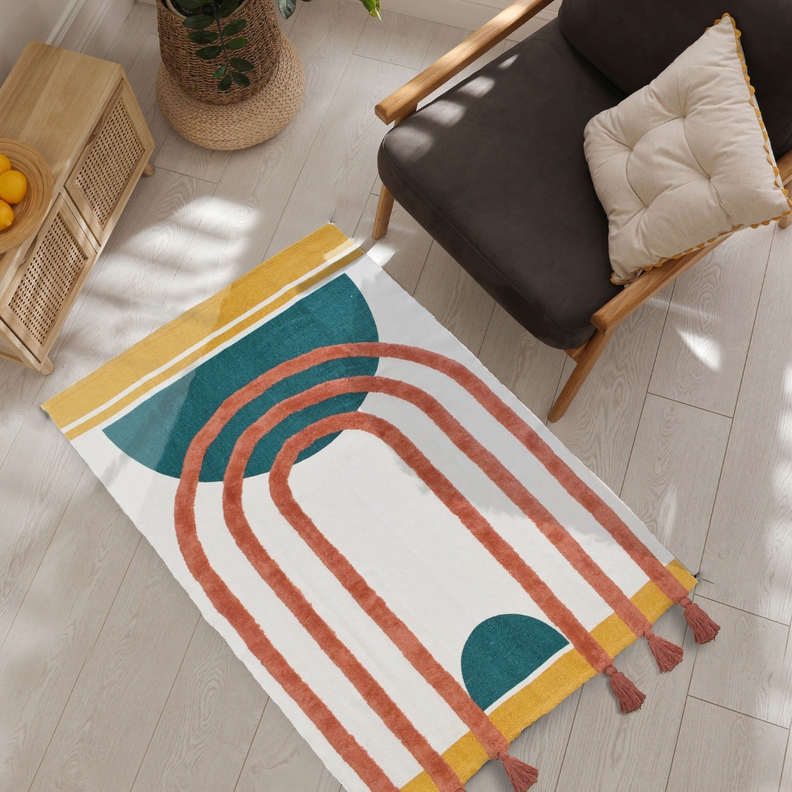 Boho Natural Cotton Area Rug/Dhurrie/Floor Carpet, Thick Printed Rugs for Living Room with Tassels - (TUFRUGS_009)