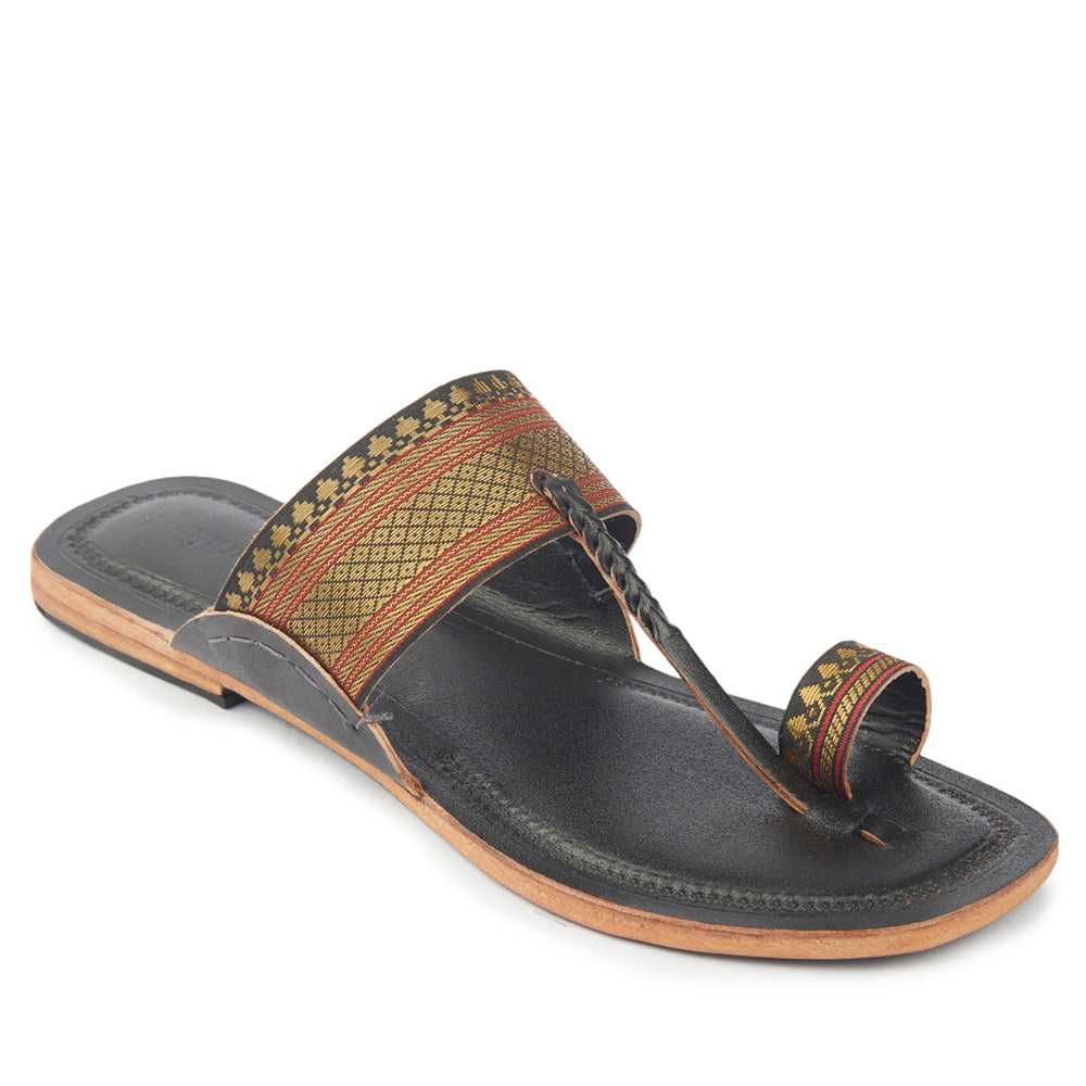 Black Handstitched Leather Kolhapuri Women Slipper
