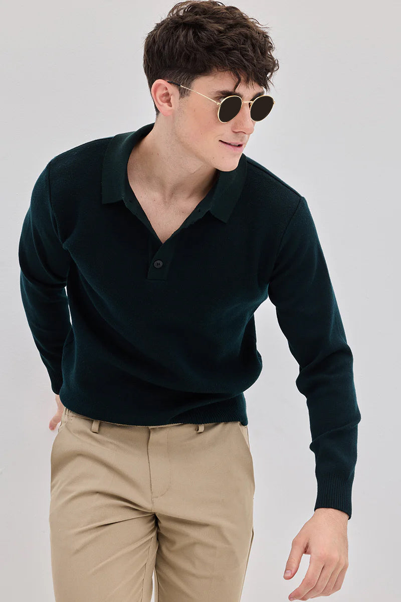 Dark Green Knitted Polo Sweater