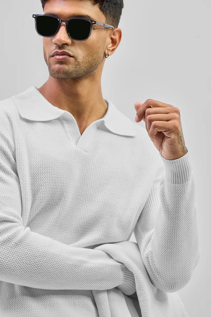 White Knitted Polo Sweater