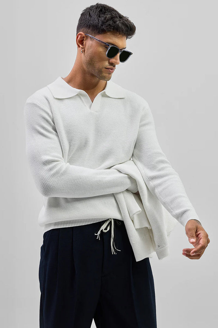 White Knitted Polo Sweater