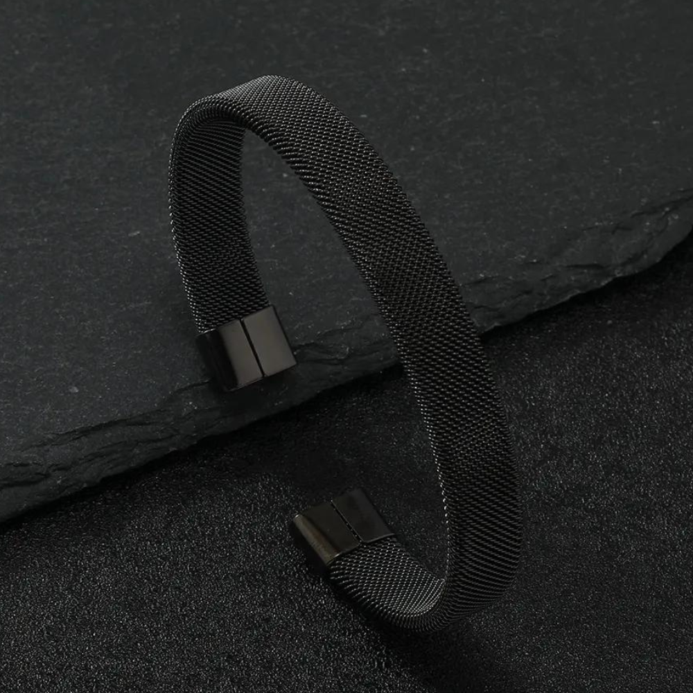 Black Plated Woven Stainless Steel Cuff Bracelet For Men