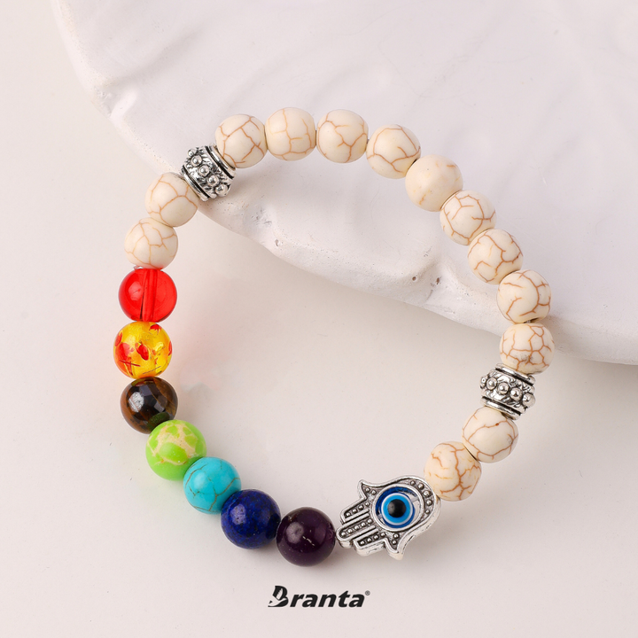 7 Chakra + Howlite White + Silver Hamsa Hand Evil Eye Bracelet For Men