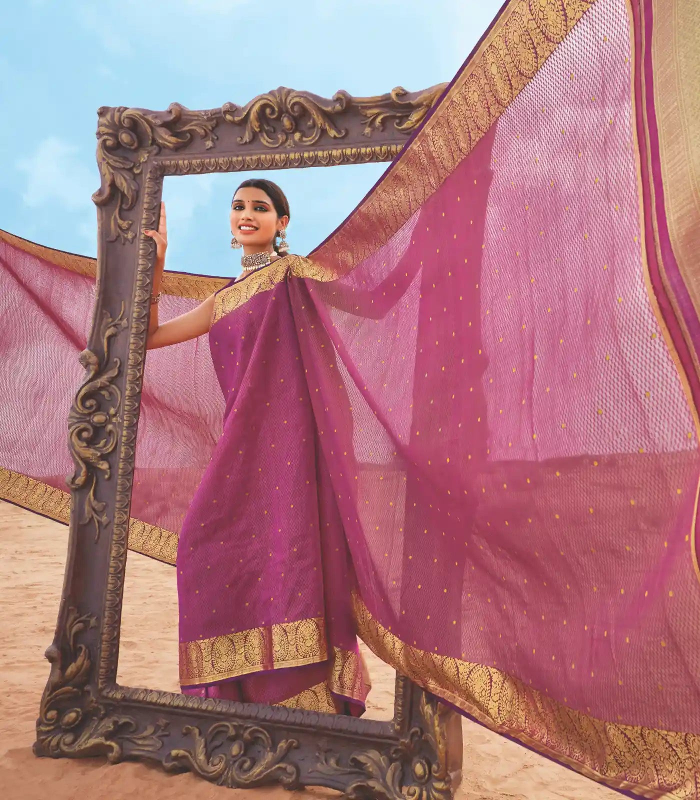 Crimson Handloom Lino Checks Silk Saree Coin Buttas