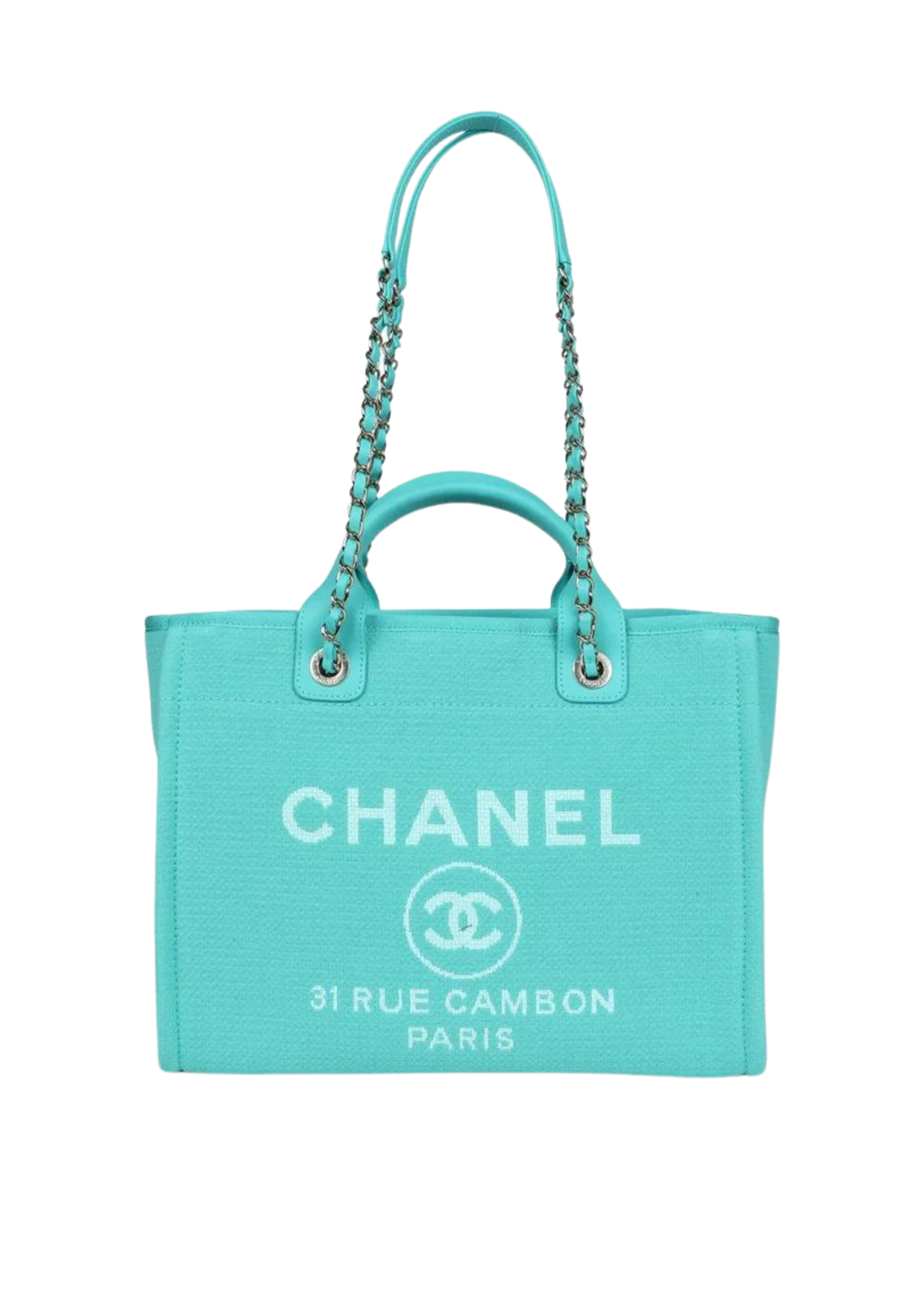 Chanel Small Deauville Shopping Bag Turquoise Canvas Light Gold Hardware