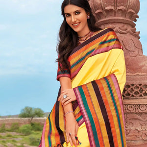 Yellow Handloom Silk Saree With Multi Colour Border
