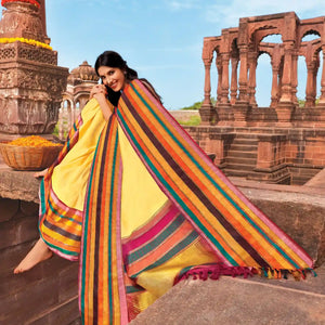 Yellow Handloom Silk Saree With Multi Colour Border