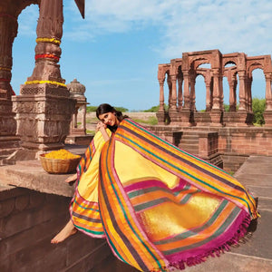 Yellow Handloom Silk Saree With Multi Colour Border