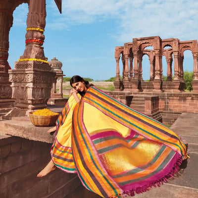 Yellow Handloom Silk Saree With Multi Colour Border
