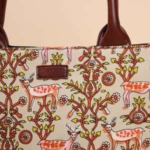 Beige Lemonade Handblock Square Tote Bag