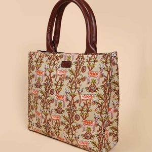 Beige Lemonade Handblock Square Tote Bag
