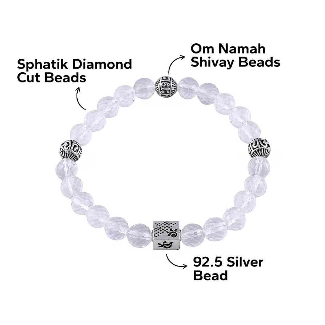 Spatik Diamond Cut Beads with Om Namah Shivay Silver Beads Bracelet