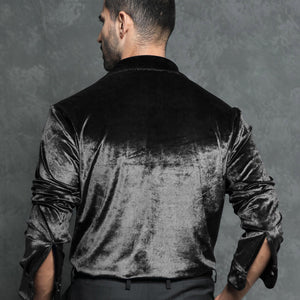 Rare Rabbit Men's Valve Black Velvet Fabric Full Sleeves Solid Shirt