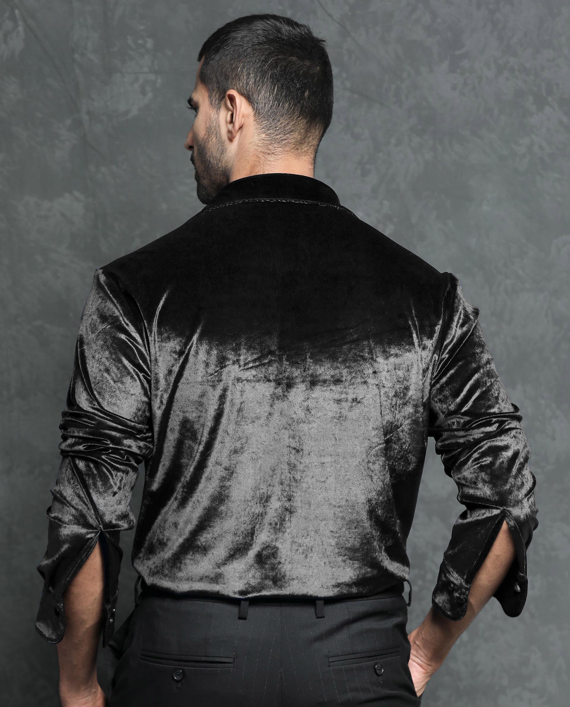 Rare Rabbit Men's Valve Black Velvet Fabric Full Sleeves Solid Shirt