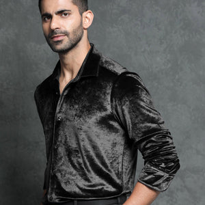 Rare Rabbit Men's Valve Black Velvet Fabric Full Sleeves Solid Shirt