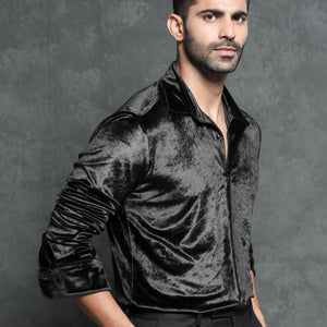 Rare Rabbit Men's Valve Black Velvet Fabric Full Sleeves Solid Shirt