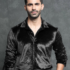 Rare Rabbit Men's Valve Black Velvet Fabric Full Sleeves Solid Shirt