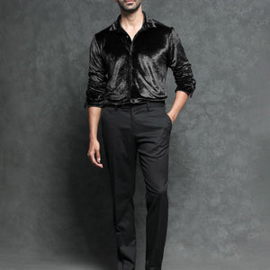 Rare Rabbit Men's Valve Black Velvet Fabric Full Sleeves Solid Shirt