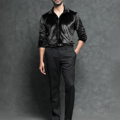 Rare Rabbit Men's Valve Black Velvet Fabric Full Sleeves Solid Shirt