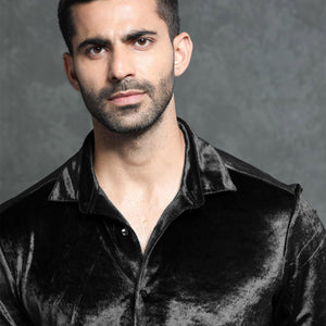 Rare Rabbit Men's Valve Black Velvet Fabric Full Sleeves Solid Shirt