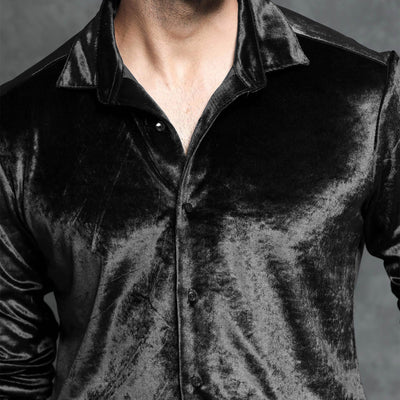 Rare Rabbit Men's Valve Black Velvet Fabric Full Sleeves Solid Shirt