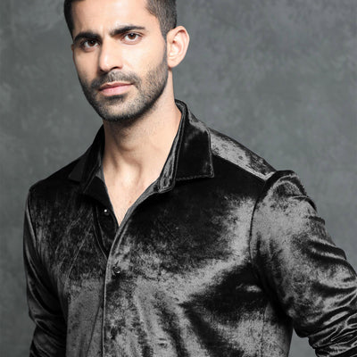 Rare Rabbit Men's Valve Black Velvet Fabric Full Sleeves Solid Shirt