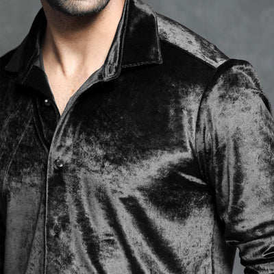 Rare Rabbit Men's Valve Black Velvet Fabric Full Sleeves Solid Shirt