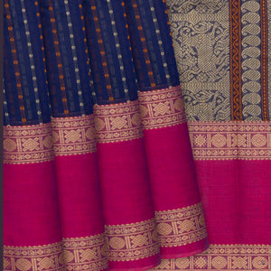 Dark Blue Handloom Village Cotton Saree With Checks-Dark Blue