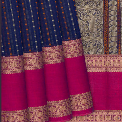 Dark Blue Handloom Village Cotton Saree With Checks-Dark Blue