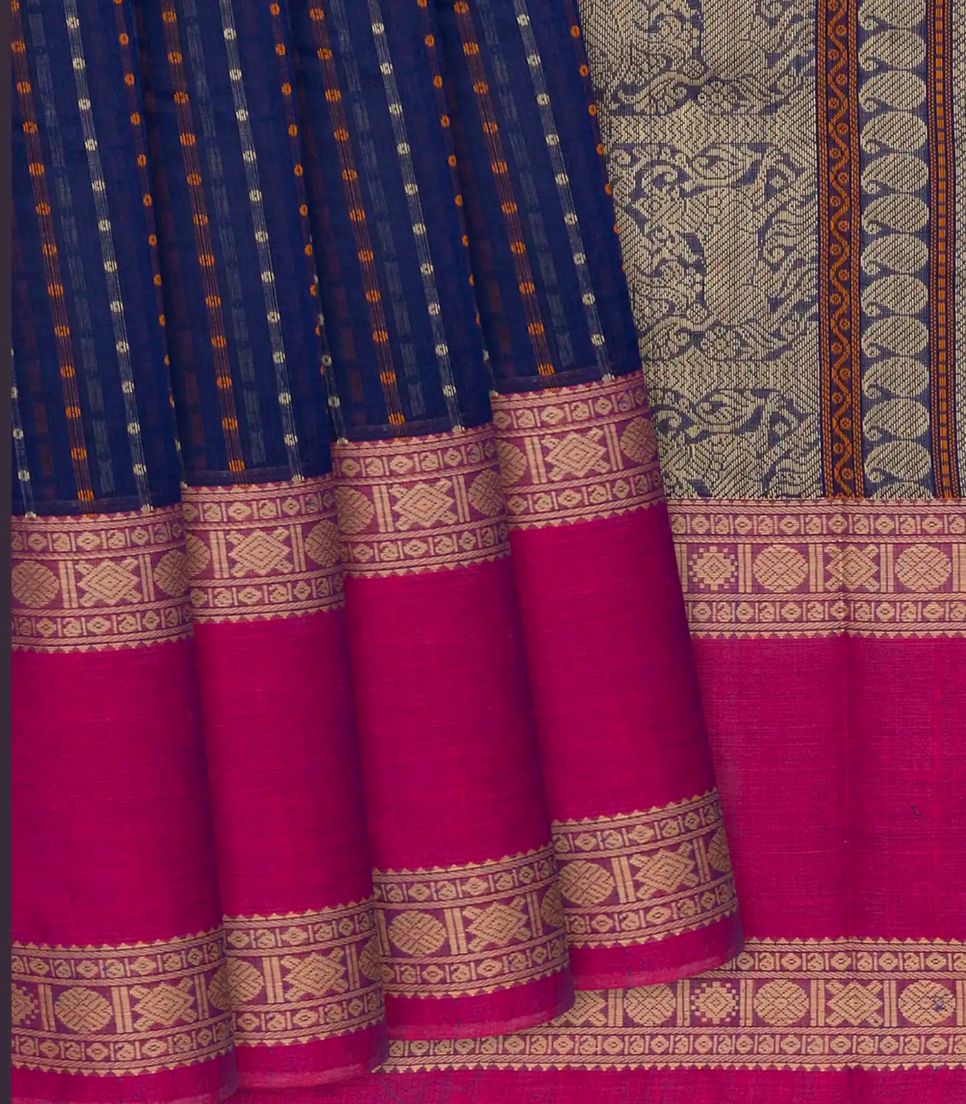 Dark Blue Handloom Village Cotton Saree With Checks-Dark Blue