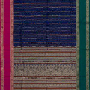 Dark Blue Handloom Village Cotton Saree With Checks-Dark Blue