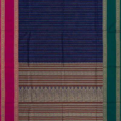 Dark Blue Handloom Village Cotton Saree With Checks-Dark Blue