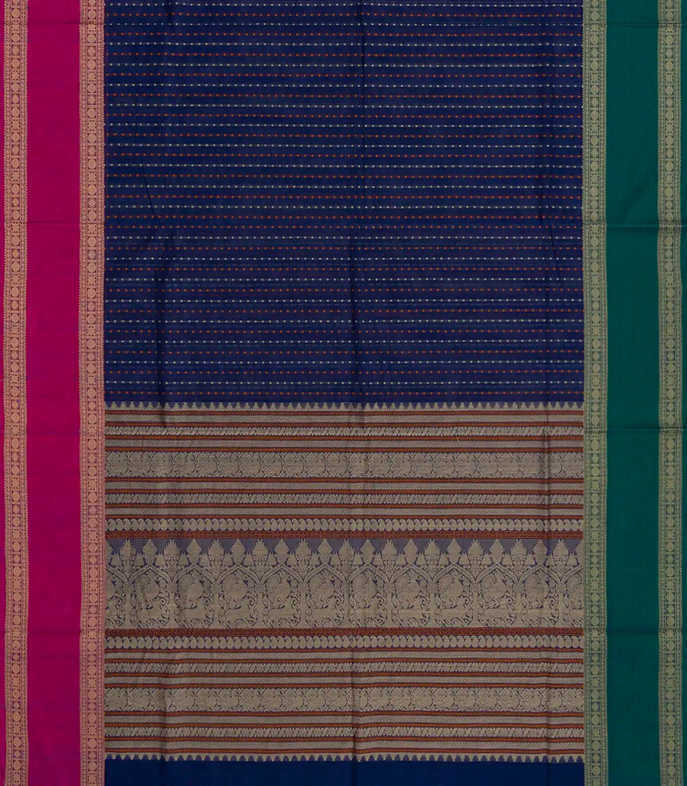 Dark Blue Handloom Village Cotton Saree With Checks-Dark Blue