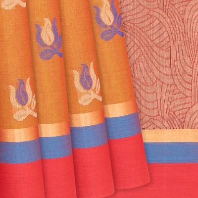 Rust Handloom Village Cotton Saree With Floral Motifs-Rust