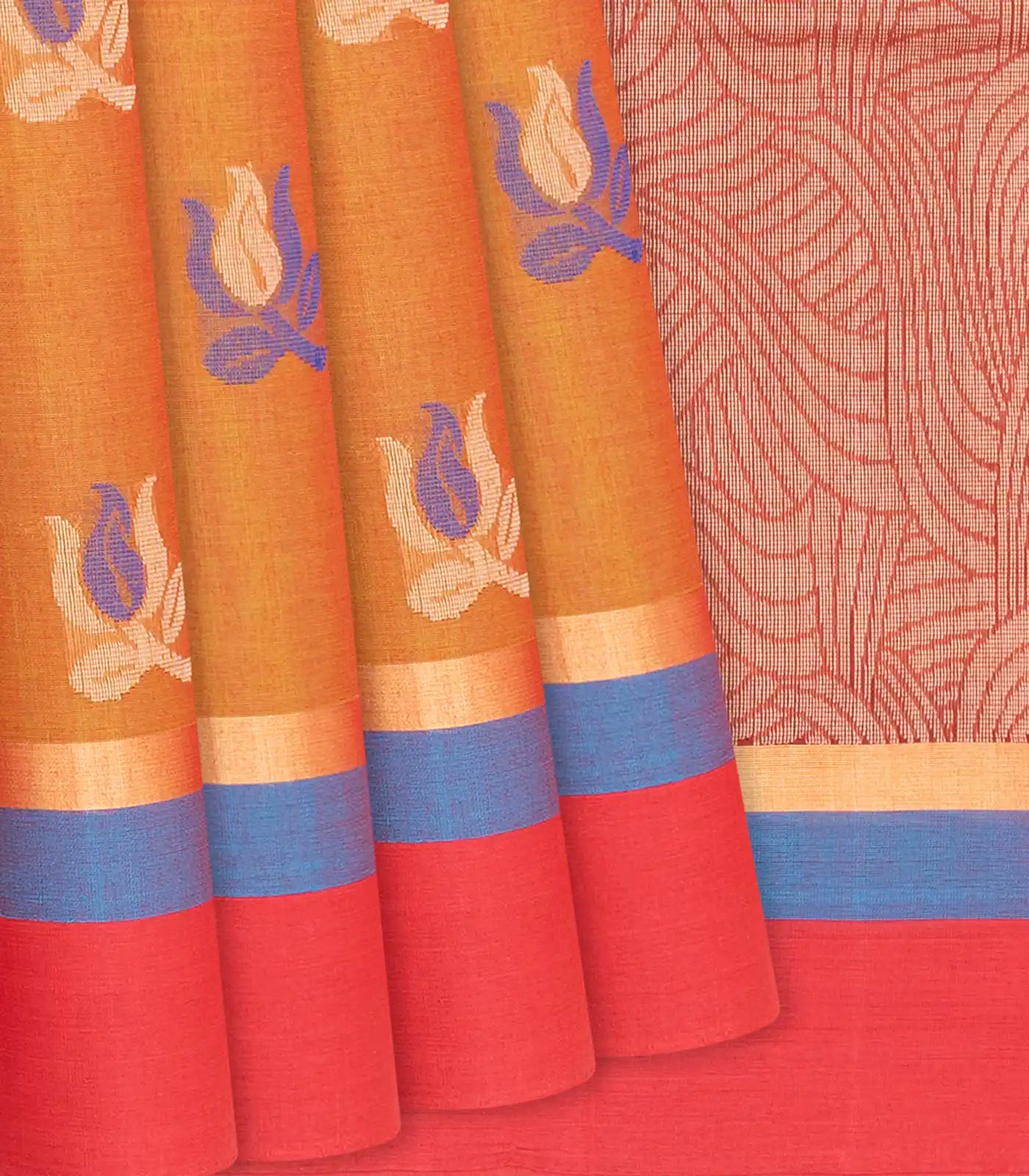 Rust Handloom Village Cotton Saree With Floral Motifs-Rust