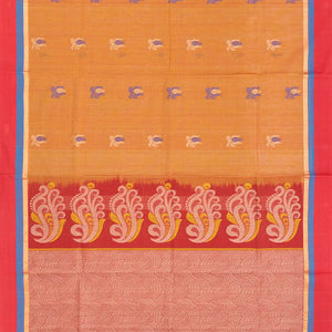 Rust Handloom Village Cotton Saree With Floral Motifs-Rust