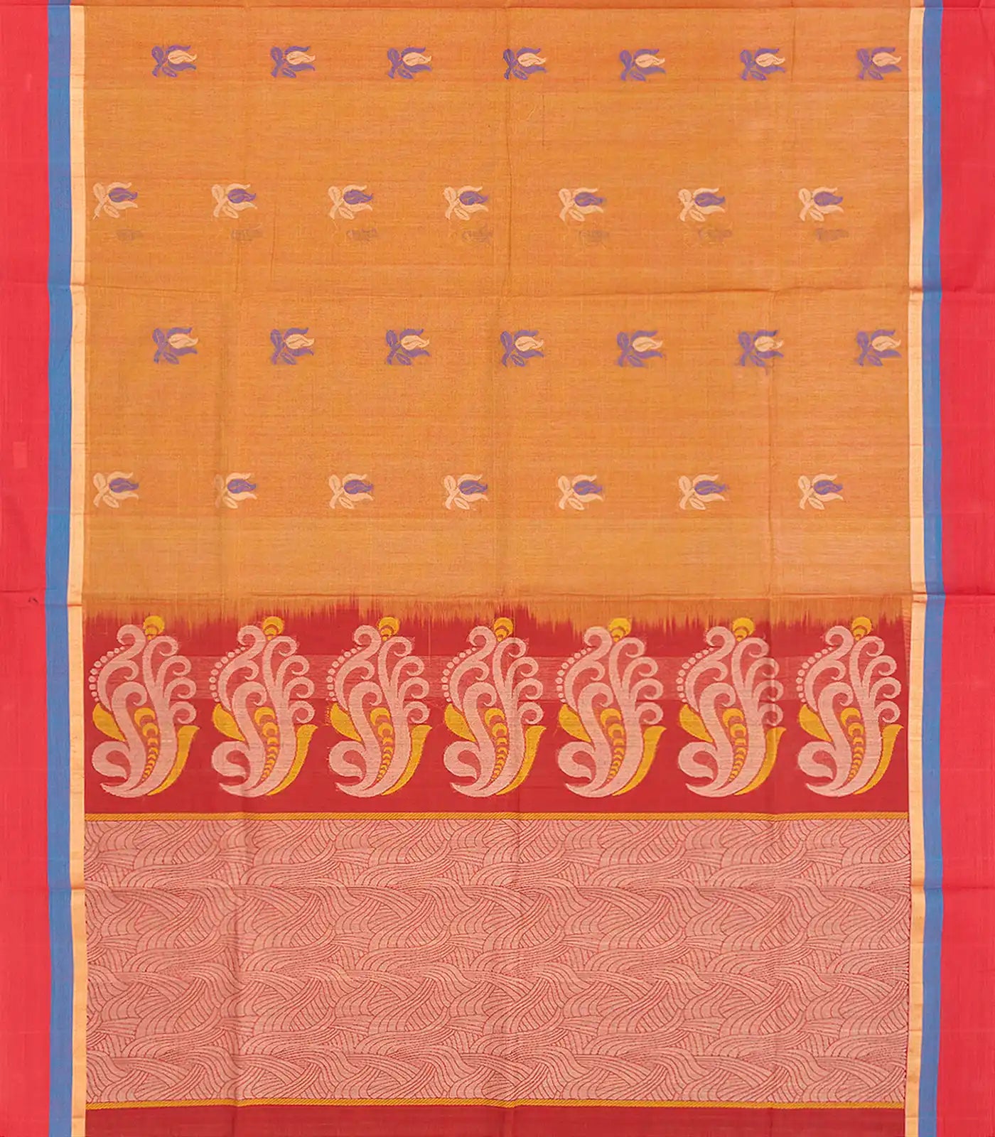 Rust Handloom Village Cotton Saree With Floral Motifs-Rust
